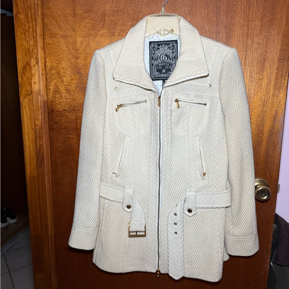 Early 2000s guess cream Herringbone Zip-Front Coat with Belt